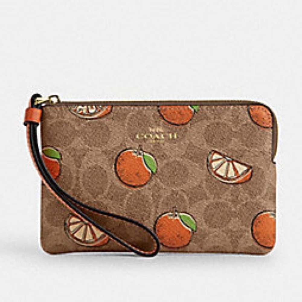 LAST ONE NWT Coach Corner Zip Wristlet In Signature Canvas With Orange Print